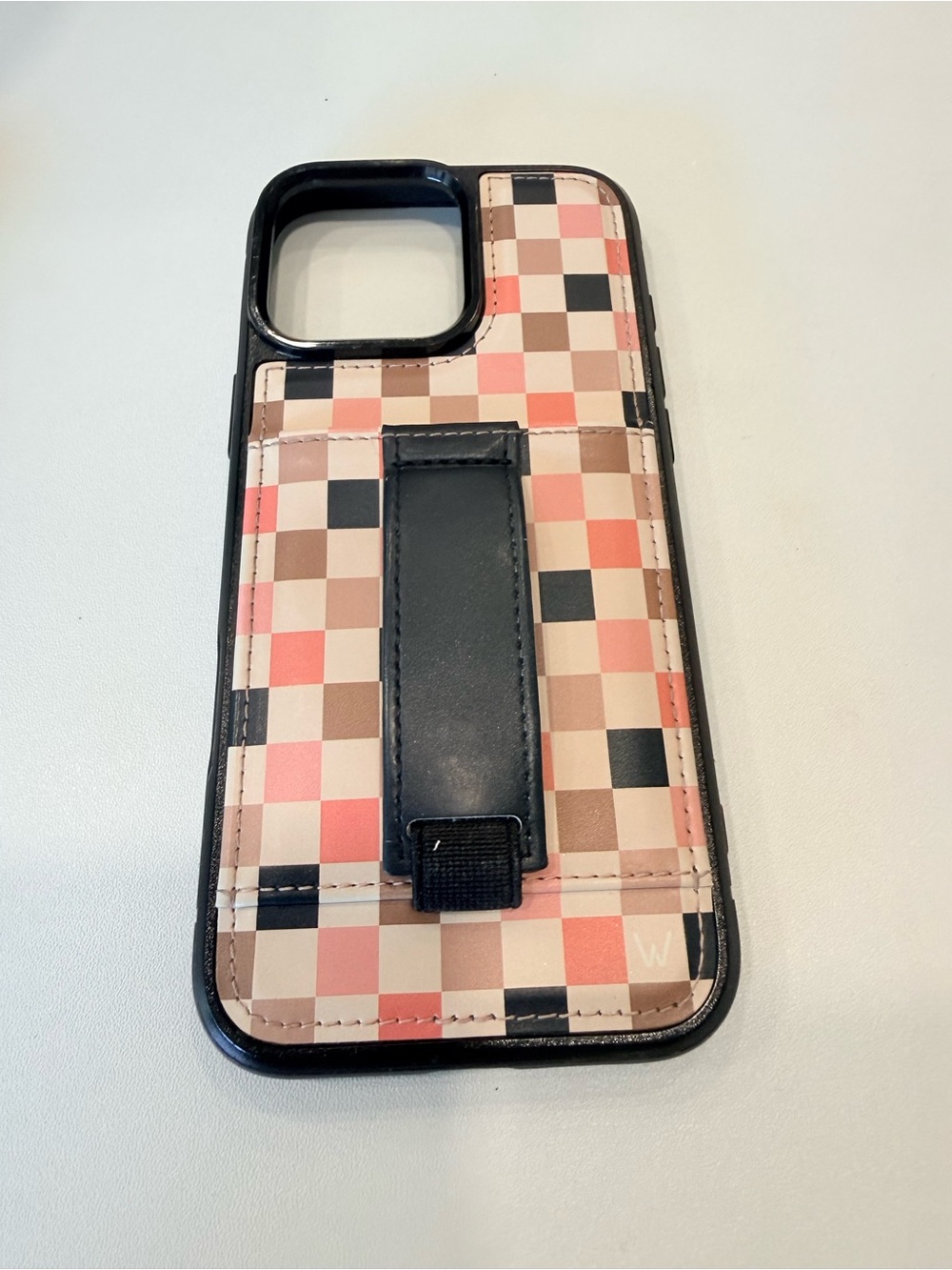 Pink Checkered Phone Case with Black Strap Kickstand
